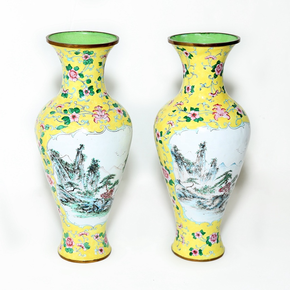 Antique 1930's Chinese Enameled Vases Pair